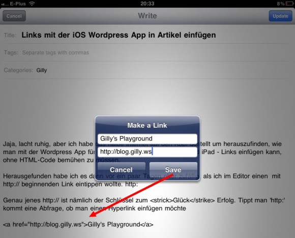 Wordpress App iPad iPhone iPod Touch Link einfügen