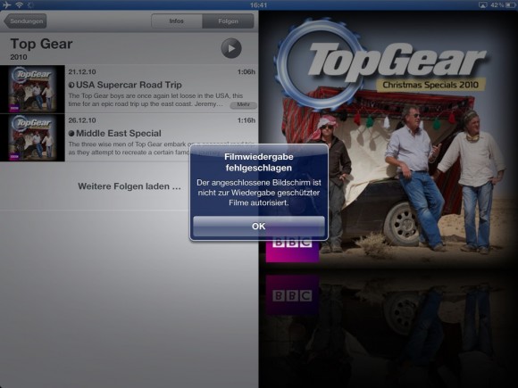 Filmwiedergabe fehlgeschlagen - Der angeschlossene Bildschirm ist nicht zur Wiedergabe geschützter Filme autorisiert. iTunes Serie Airplay Apple TV